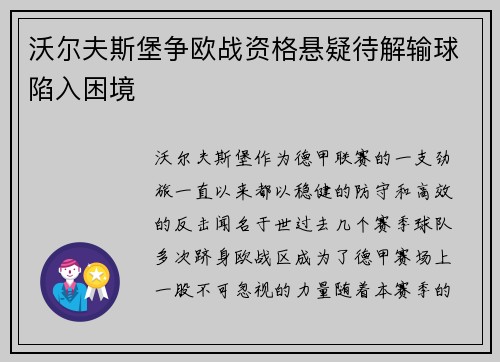 沃尔夫斯堡争欧战资格悬疑待解输球陷入困境