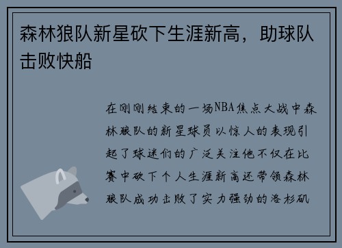 森林狼队新星砍下生涯新高，助球队击败快船