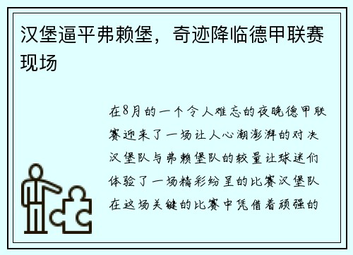 汉堡逼平弗赖堡，奇迹降临德甲联赛现场